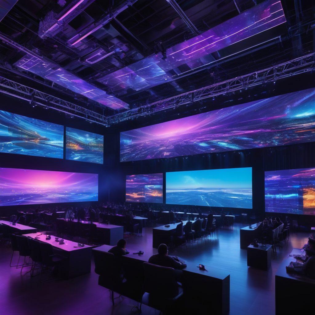 A futuristic event space filled with cutting-edge AV systems, showcasing holographic displays and immersive sound systems. Bright LED panels illuminating the area, with diverse attendees engaging with the technology. Overhead, drones capturing the scene, emphasizing innovation and connectivity. Sleek and modern aesthetic with a dynamic, vibrant atmosphere. digital art. high-tech. vibrant colors. immersive details.