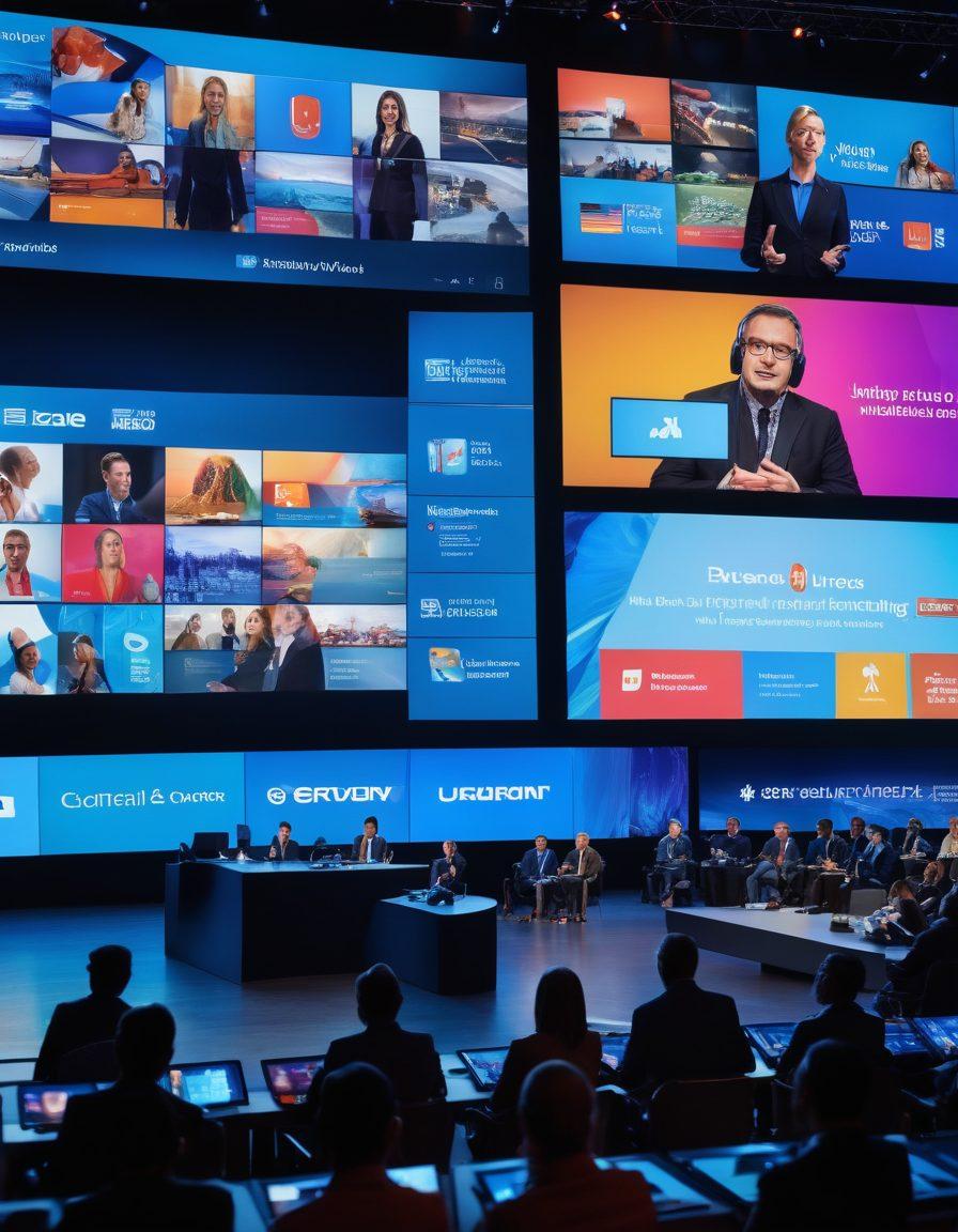 A dynamic conference scene showcasing a diverse group of professionals engaged with state-of-the-art audio visual equipment, large screens displaying vibrant visuals, and a seamless blend of technology and creativity. Include elements like a presenter using a microphone, audience interactions, and an overall atmosphere of collaboration and innovation. super-realistic. vibrant colors. 3D.