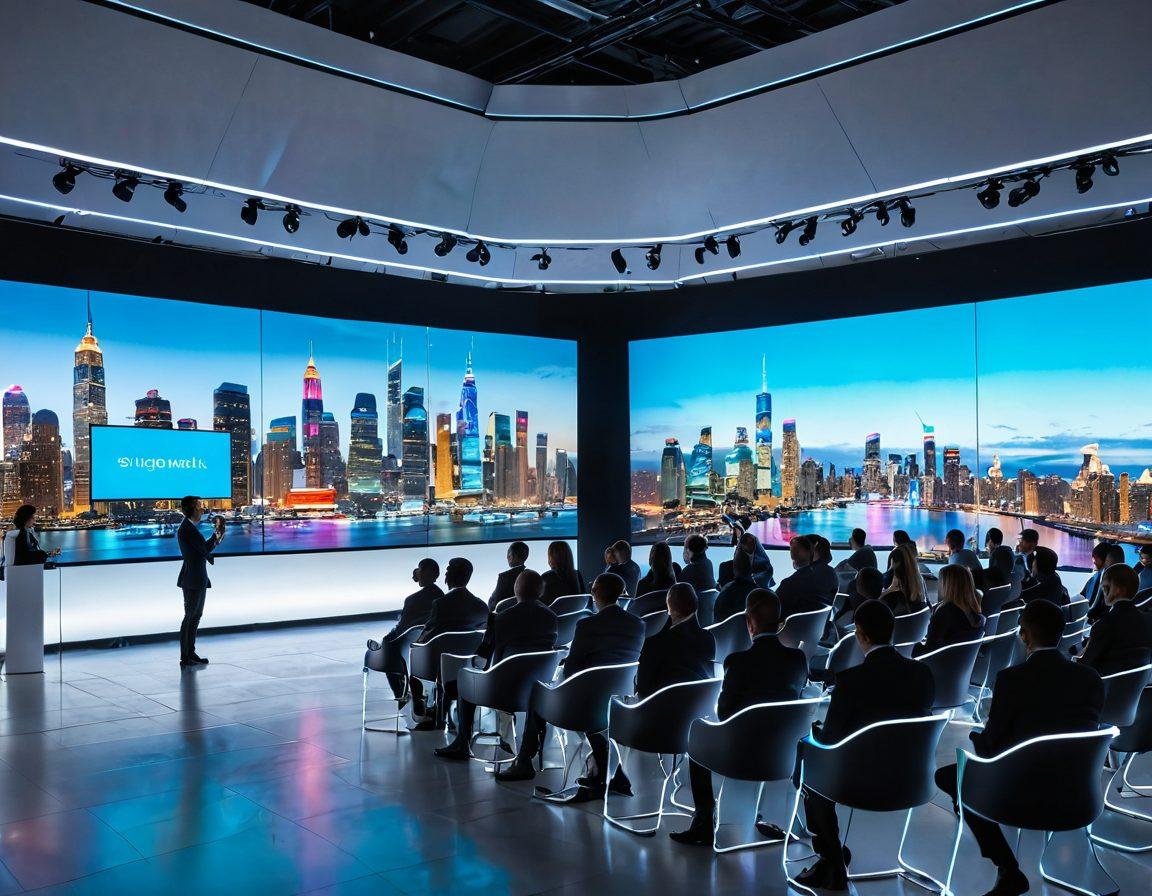 A futuristic conference scene showcasing cutting-edge audiovisual technology, with sleek screens displaying mesmerizing visuals, dynamic light displays, and integrated sound systems. Diverse attendees engaging with holographic presentations and interactive displays, exuding excitement and innovation. A vibrant city skyline visible through large windows, symbolizing progress. super-realistic. vibrant colors. white background.